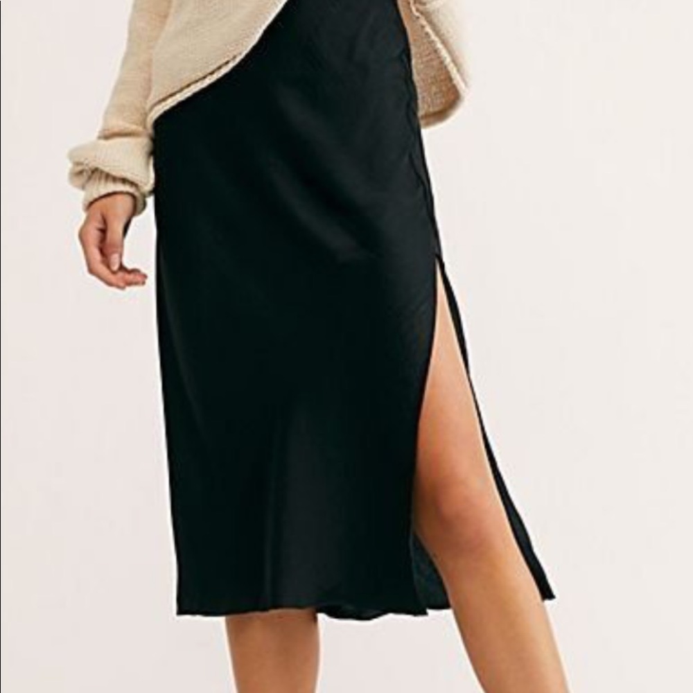 Black Free People Silk Midi Skirt with Slit